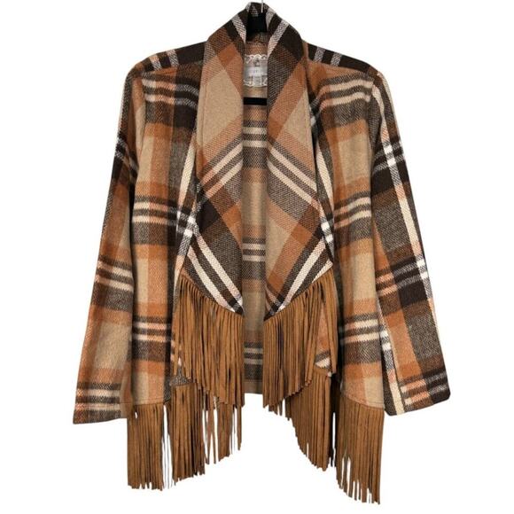 Cupio Women's Brown Plaid Open Front Blanket Jacket with Fringe Size Small - Picture 3 of 6